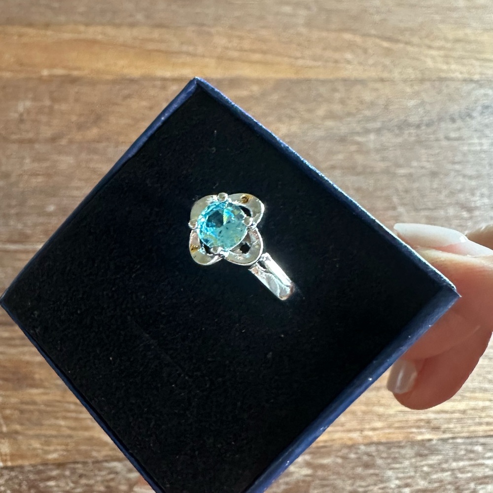 Blue Moissanite Ring Silver Tone Solitaire Ring Elegant Minimalist Gift - Picture 3 of 6